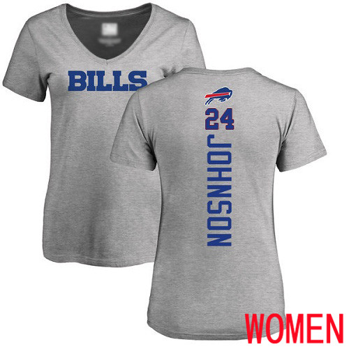 NFL Women Buffalo Bills #24 Taron Johnson Ash Backer V-Neck T Shirt->nfl t-shirts->Sports Accessory